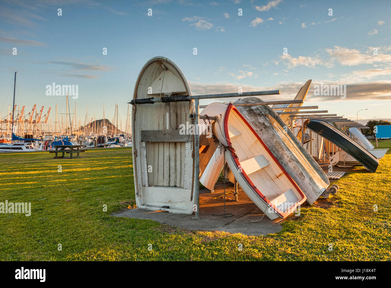 Dinghys on a rack on the waterfront at Bridge Marina, Tauranga, Bay of Plenty, New Zealand, with  Mount Maunganui in the background. Stock Photo