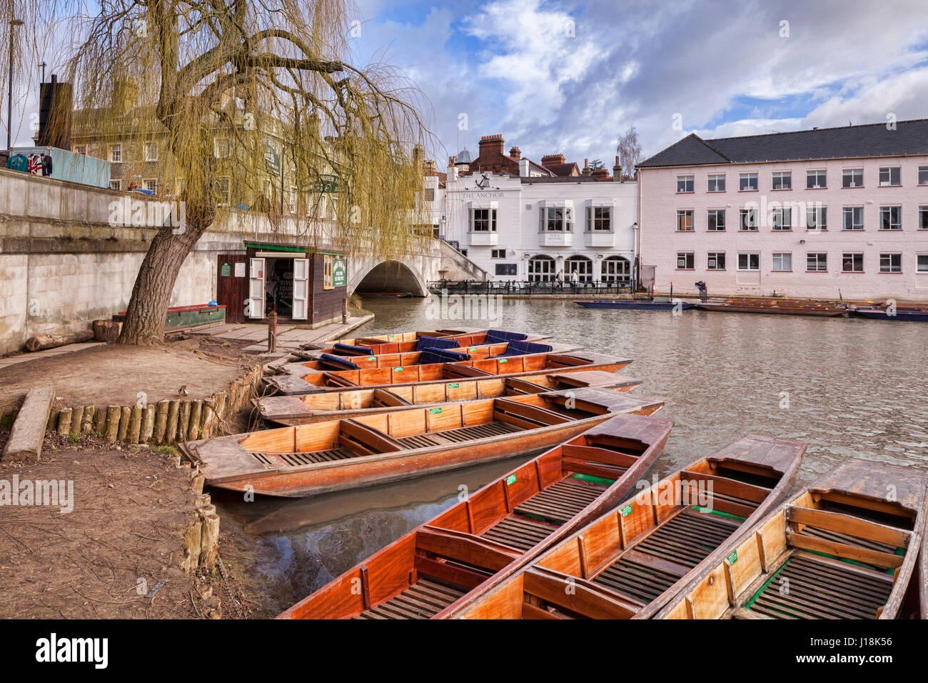 Punts beside the River Cam, Cambridge, England. Opposite is The Anchor public house. Stock Photo
