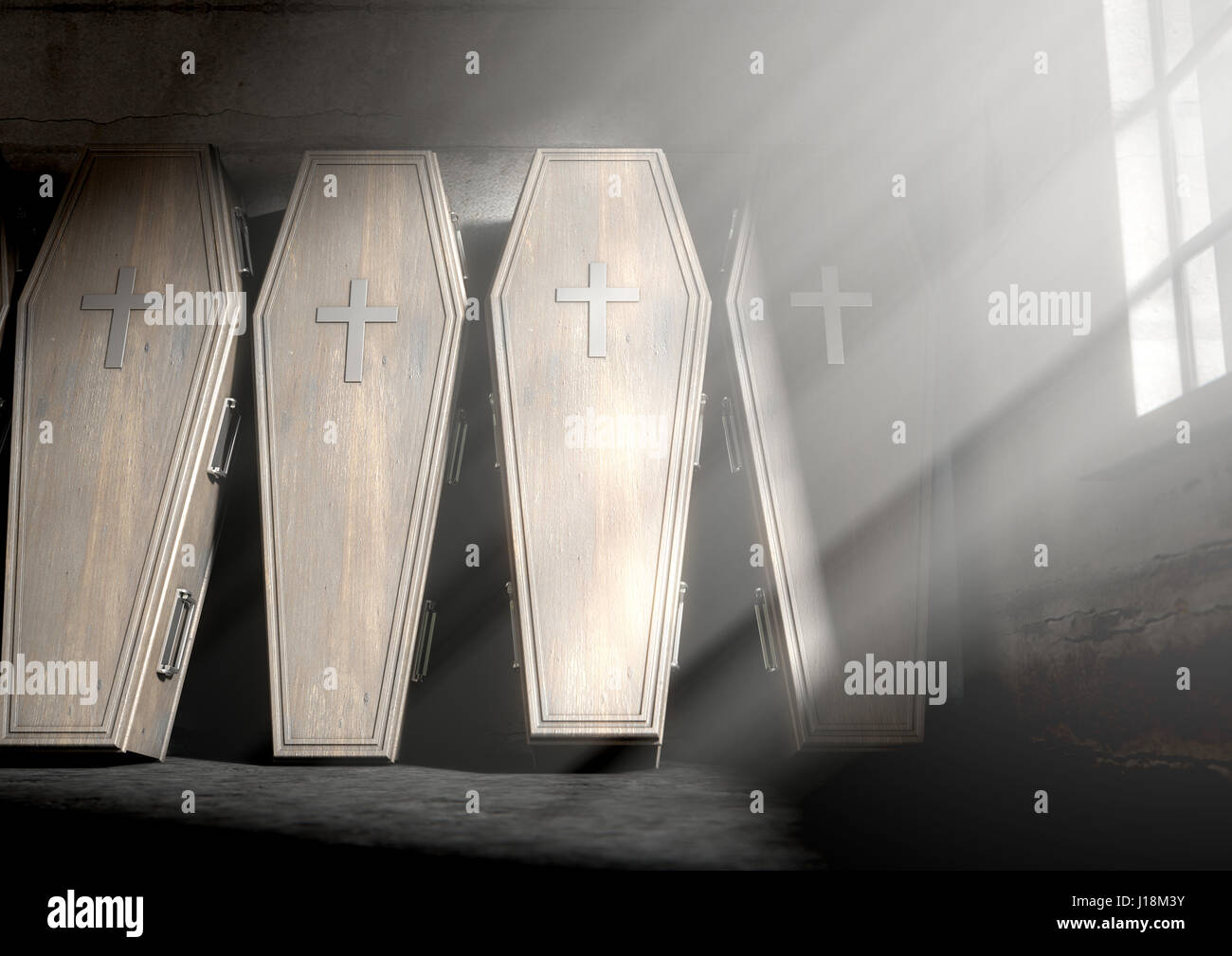A row of upright wooden coffins against a wall in a dilapidated room lit by light through a window - 3D Render- 3D Render Stock Photo