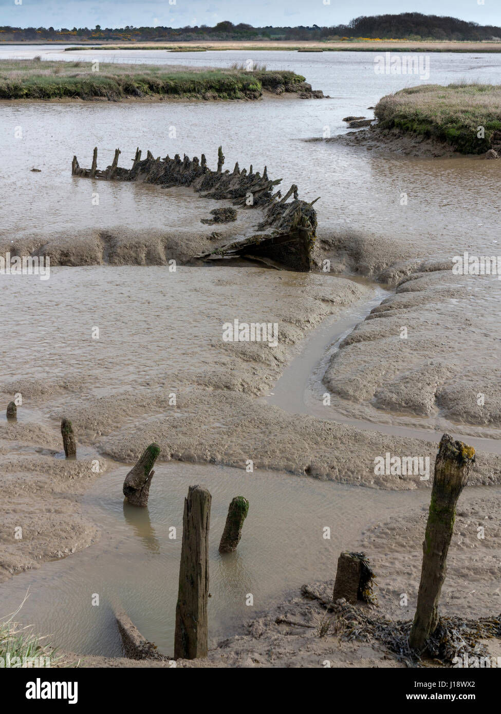 The remains of a wooden ship submerged in the river estuary at Iken marshes Suffolk Stock Photo