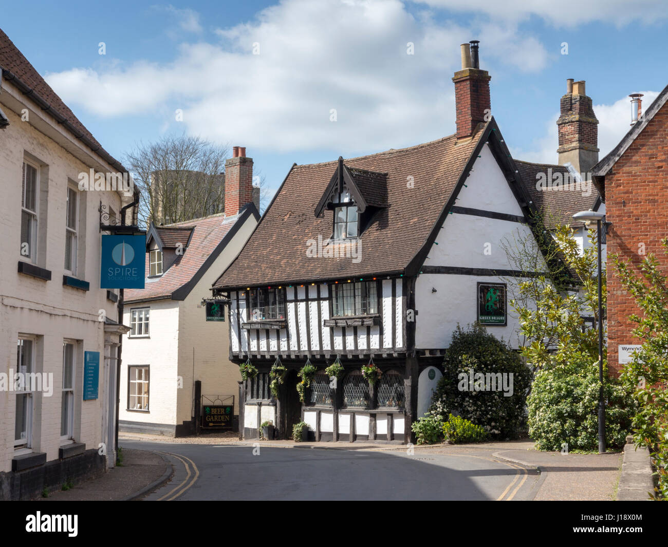 Street scene in the medieval Norfolk town of Wymondham featuring the