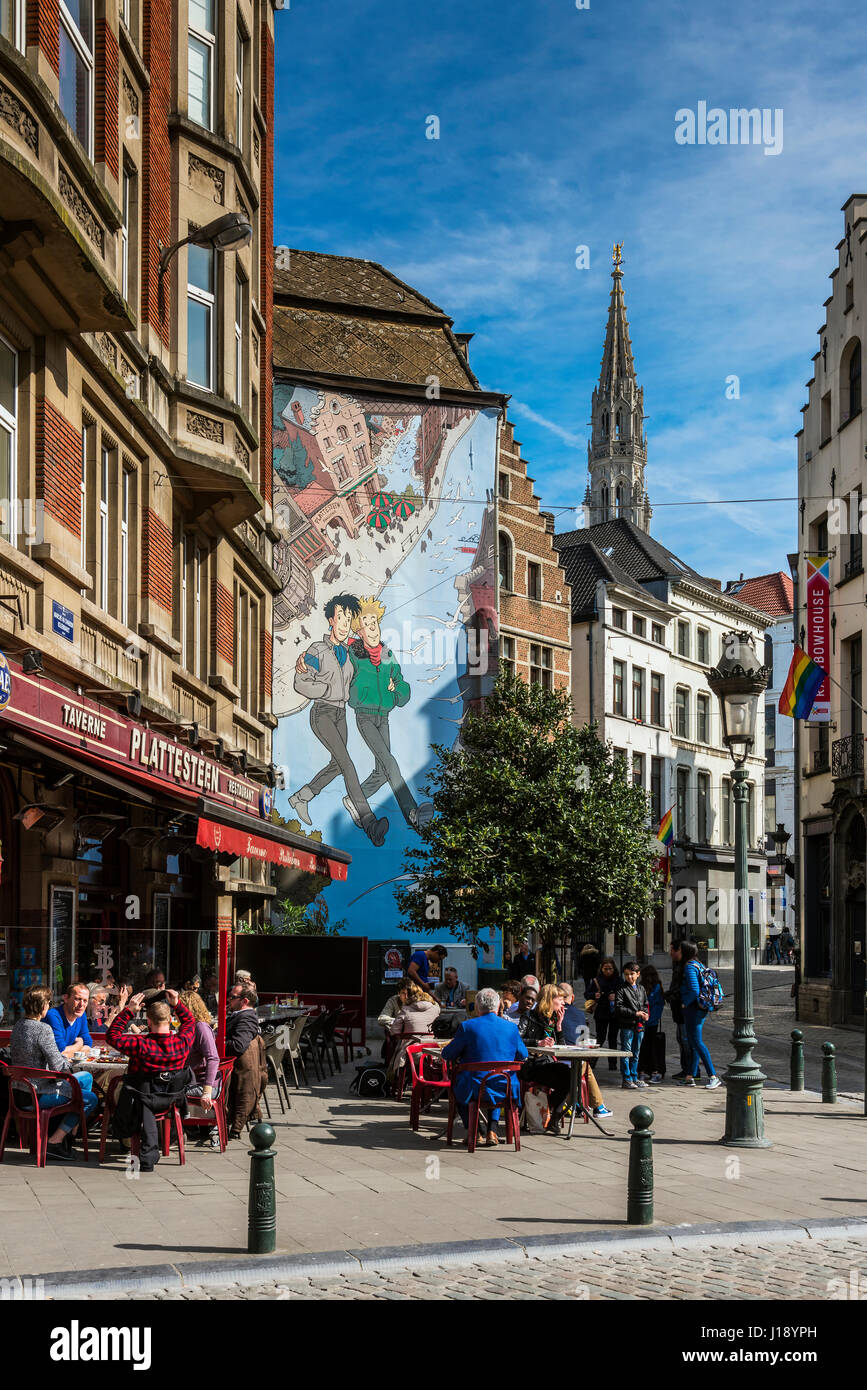 Broussaille comic strip mural, painted by artist  Frank Pe in 1999 as first giant mural in town, located in the gay-nightlife hub of Brussels, Belgium Stock Photo