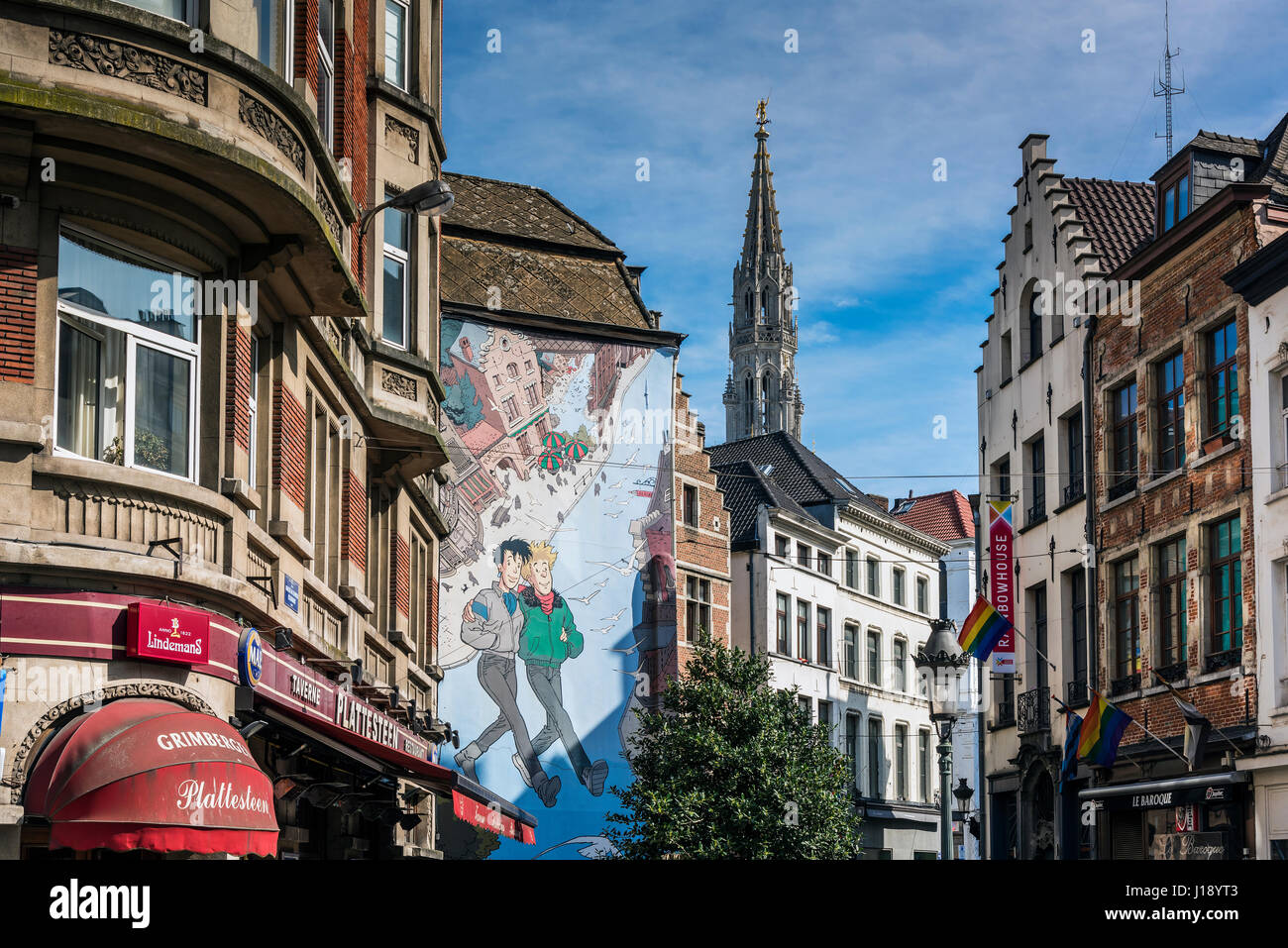Broussaille comic strip mural, painted by artist  Frank Pe in 1999 as first giant mural in town, located in the gay-nightlife hub of Brussels, Belgium Stock Photo