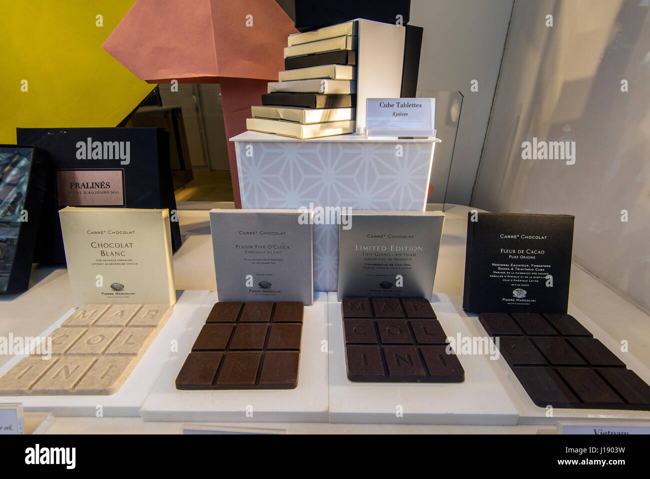 Chocolate on sale at Pierre Marcolini chocolaterie, Galeries St-Hubert, Brussels, Belgium Stock Photo