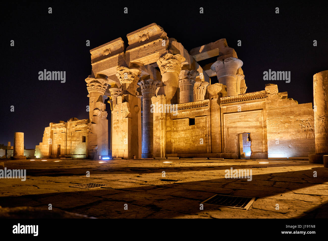 night shot of illuminated temple of Kom Ombo, Egypt, Africa Stock Photo
