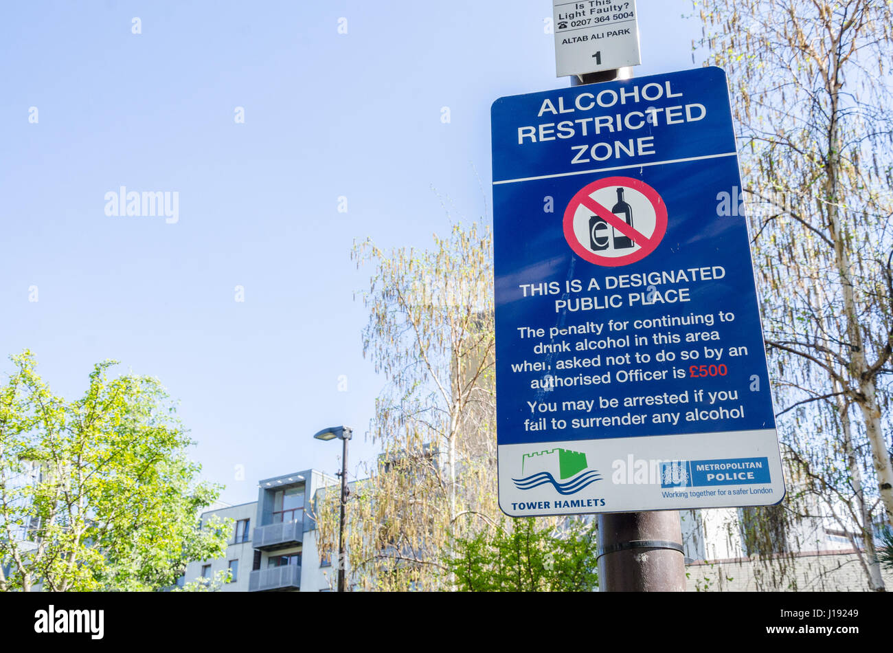 Restrictions on consuming alcohol in Altab Ali Park on Whitechapel Road in East London. Stock Photo