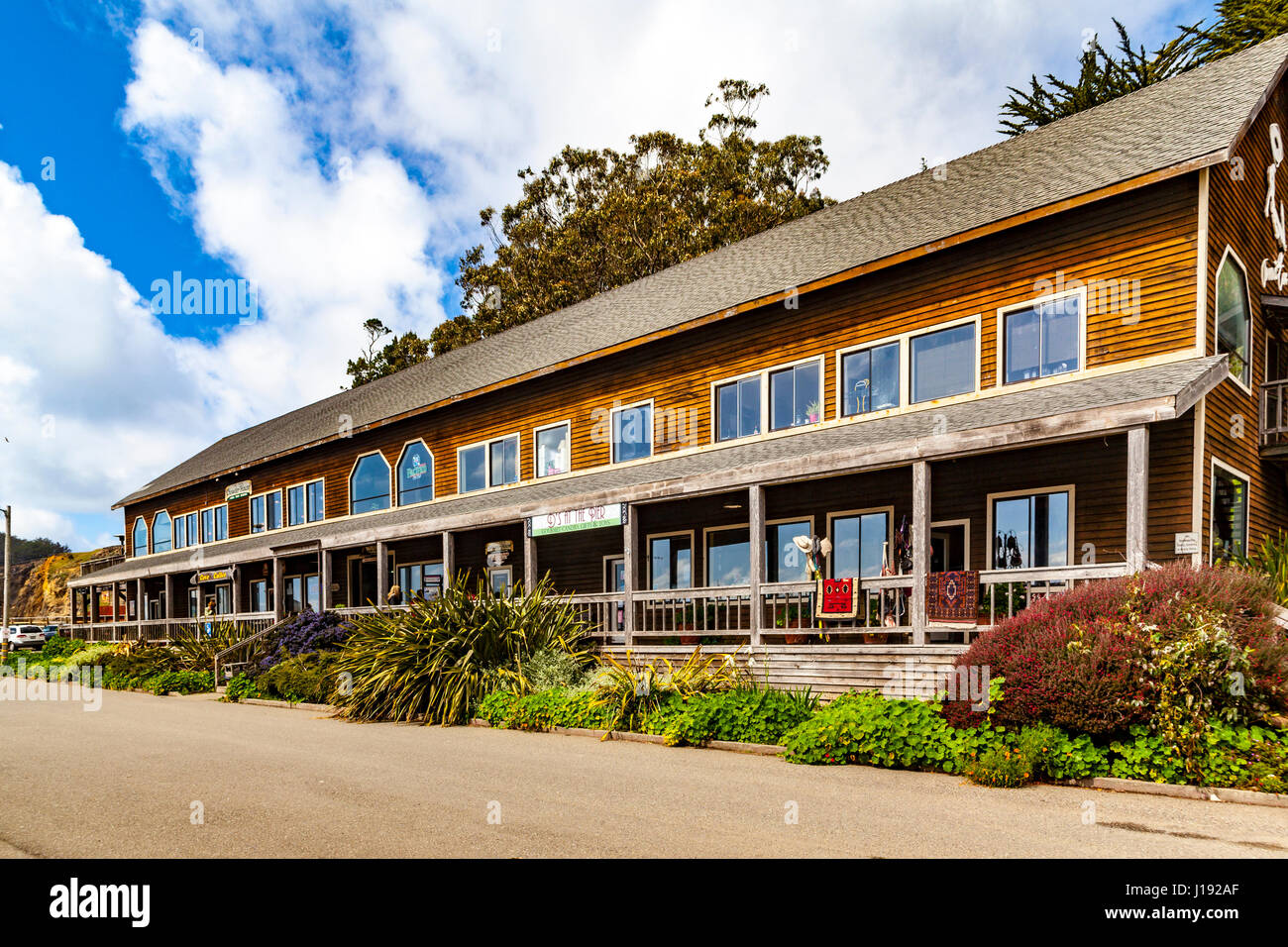 Shops and restaurants at the Point Arena fishing pier in Point Arena