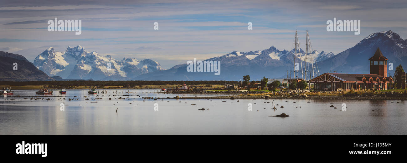 Boats & scenery at Puerto Natales, Chile Stock Photo