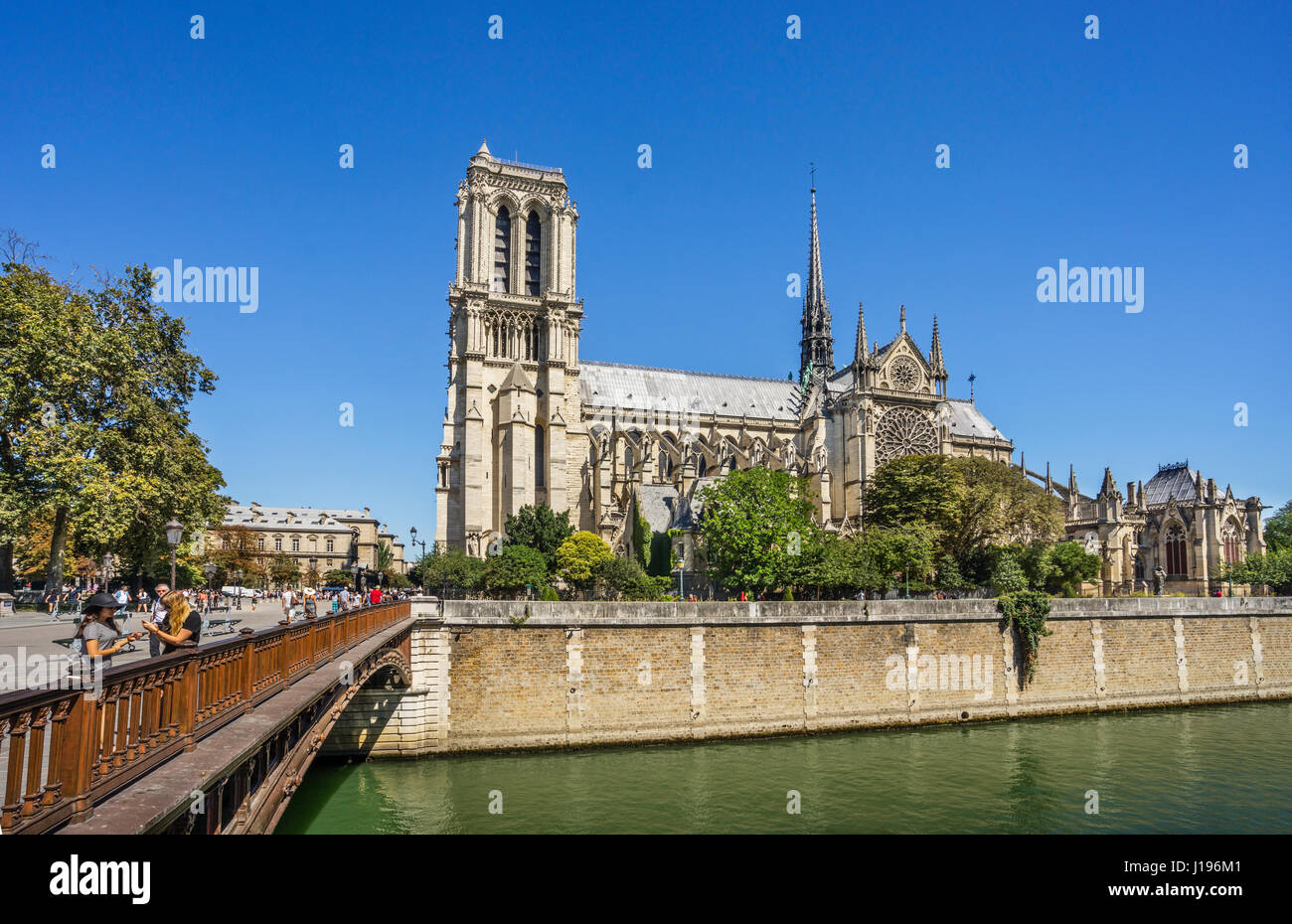 France, Paris, Seine, Ile de la Cité, view of Notre Dame Cathedral and Pont au Double Stock Photo