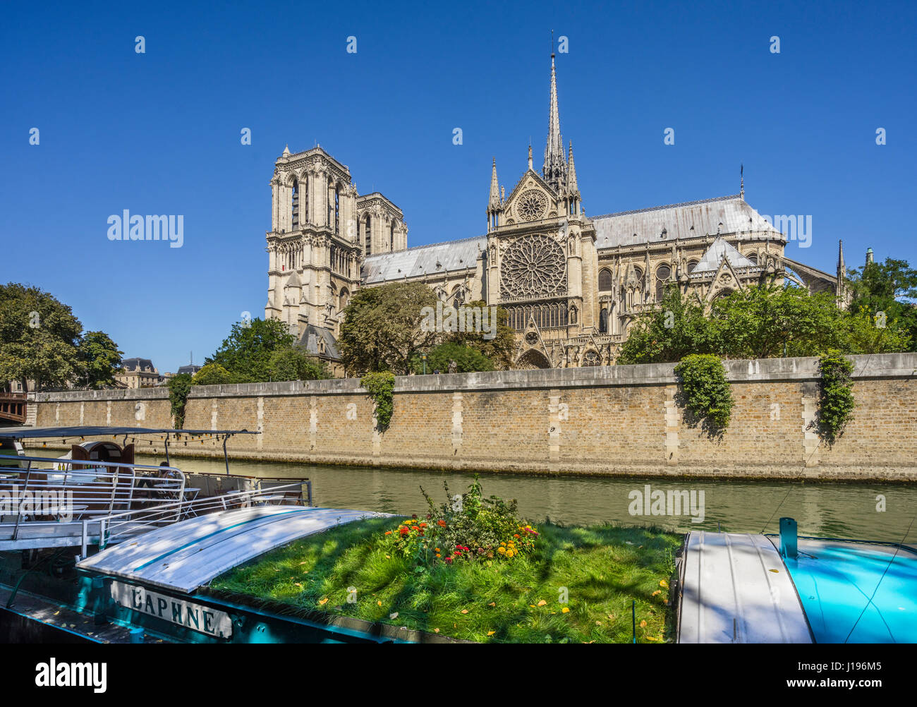 France, Paris, Seine, Ile de la Cite, view of Notre Dame Cathedral, one of the finest examples of French Gothic architecture Stock Photo