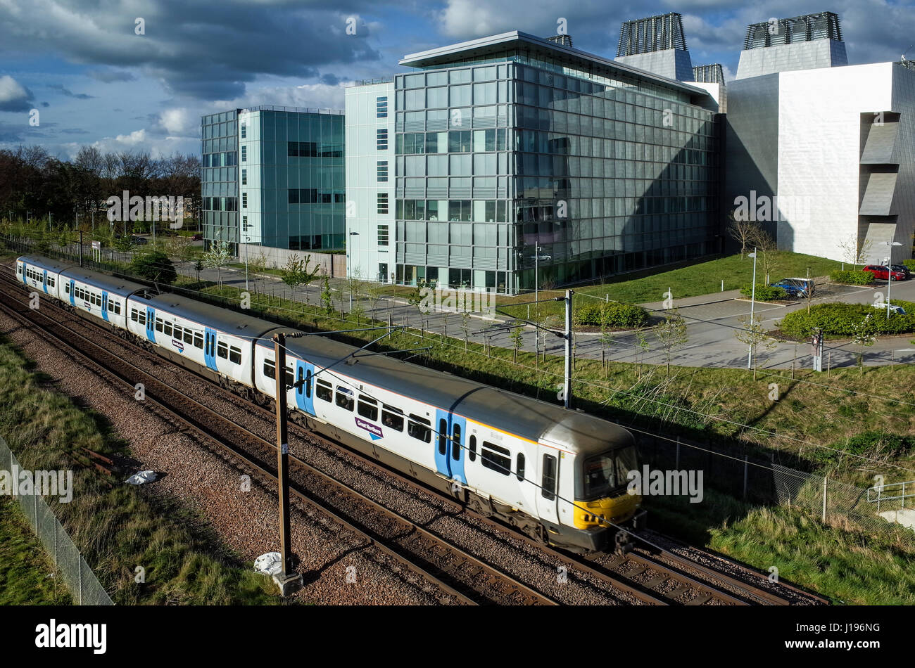 Biomedical - MRC Molecular Biology Lab / Train - A London to Cambridge Train  passes the MRC Laboratory of Molecular Biology, Cambridge UK. Stock Photo