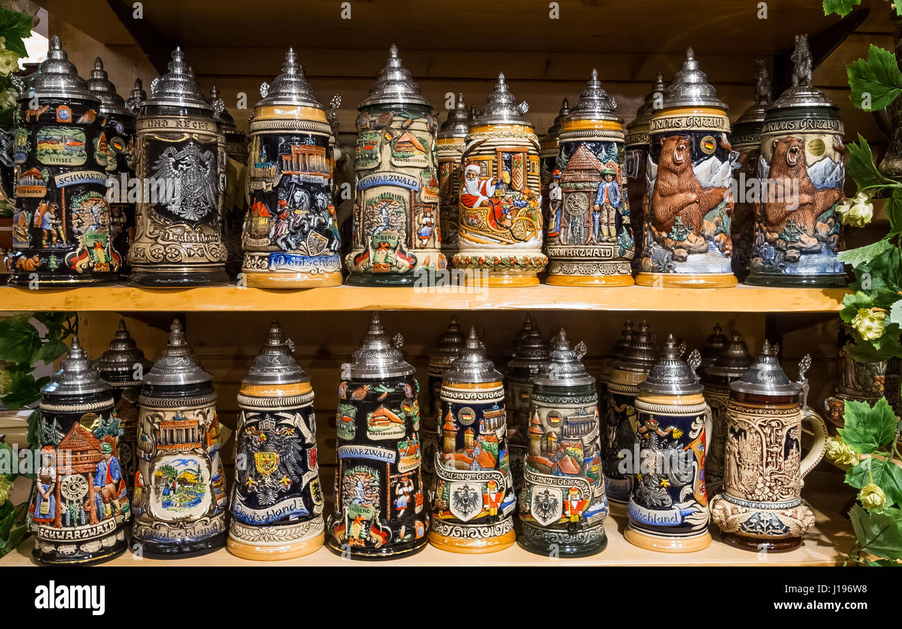 Traditional German beer steins in a shop in the Black Forest Stock Photo