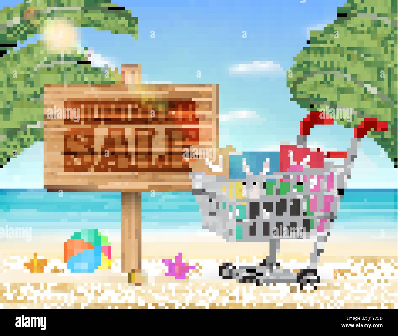 summer sale wood board and shopping cart with beach background Stock ...