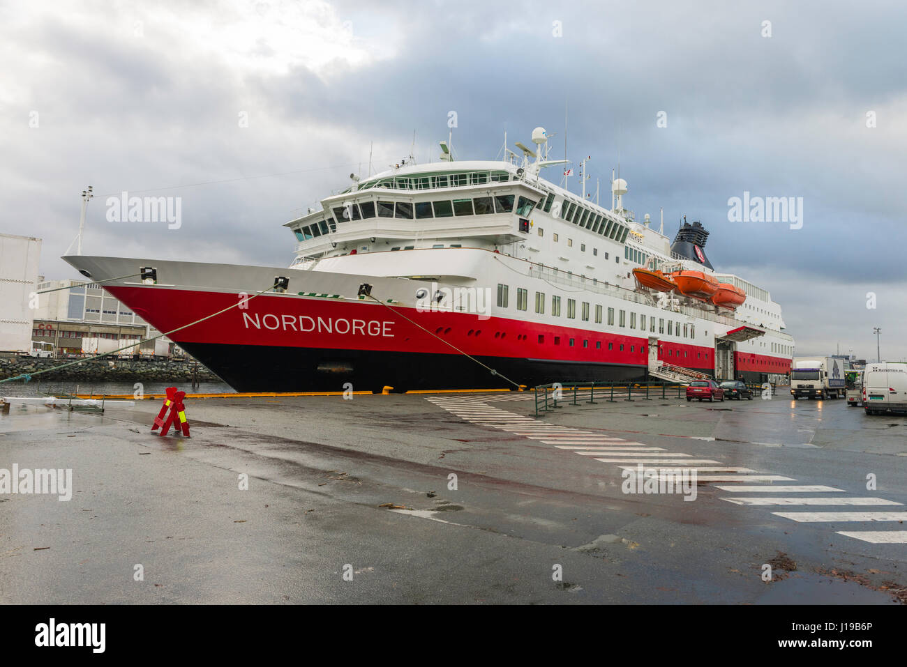 Hurtigruten Coastal Express ship 'Nordnorge' (1997), docked at the port of Trondheim, Norway. Stock Photo