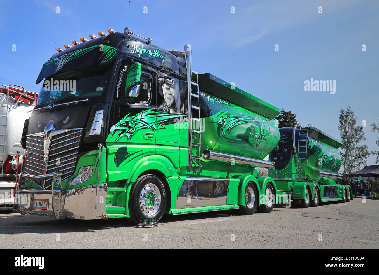 PORVOO, FINLAND - JULY 2, 2016: Super truck Mercedes-Benz Actros 2551 Highway Hero owned by Kuljetus Auvinen Oy and matching trucking shoes on Riversi Stock Photo