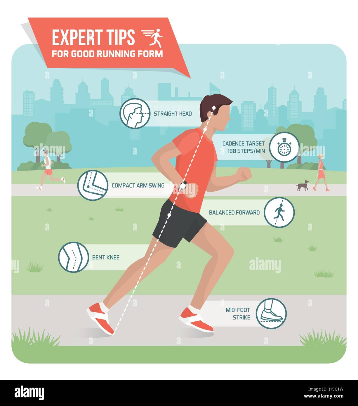 Proper running form and sports ergonomics infographic: athlete running outdoors and expert tips to improve your running technique Stock Vector