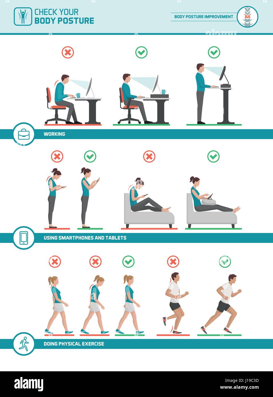 Body ergonomics infographic: improve your posture when working at desk, using mobile devices, walking and running Stock Vector