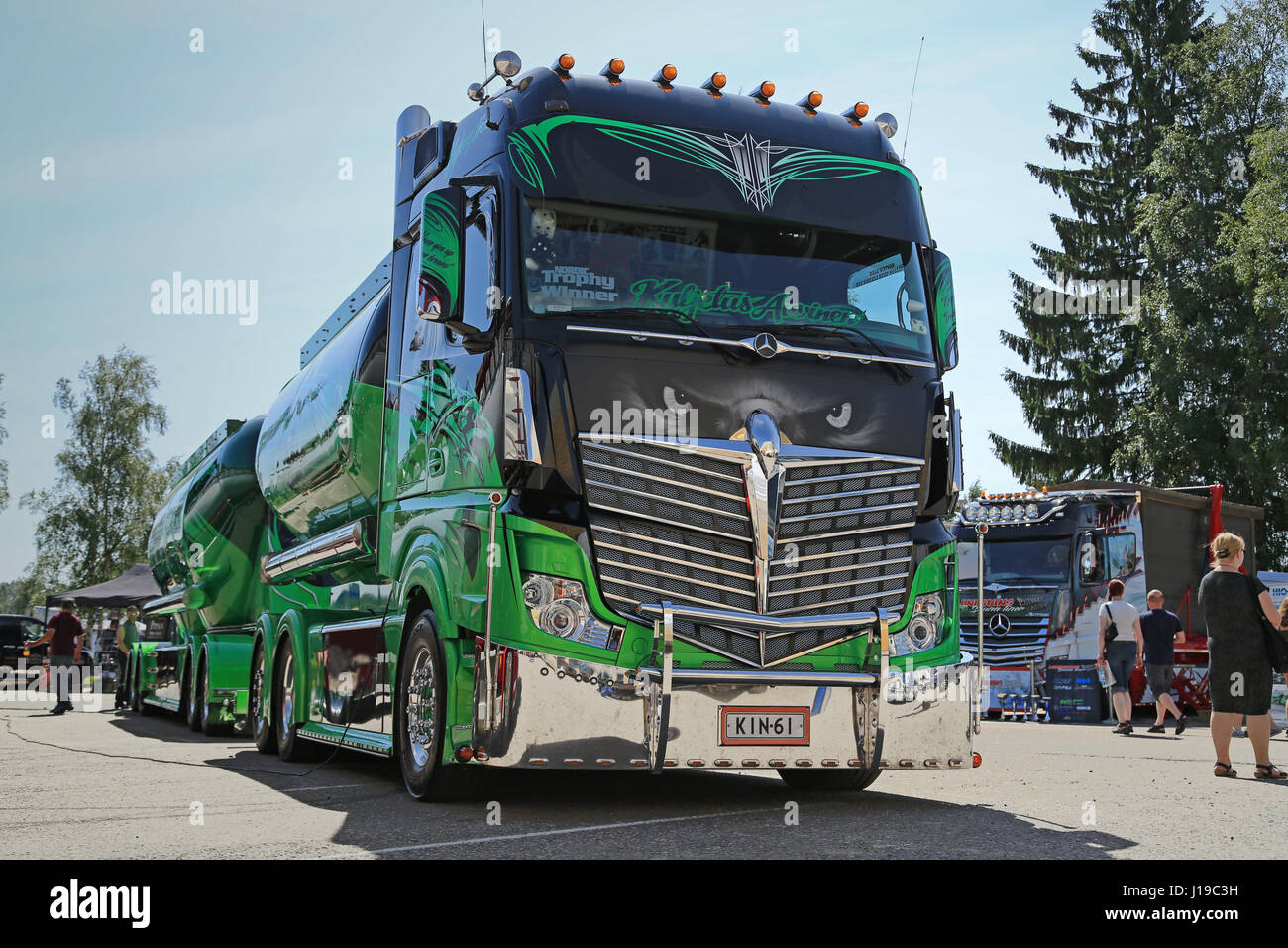 PORVOO, FINLAND - JULY 2, 2016: Super truck Mercedes-Benz Actros 2551 Highway Hero owned by Kuljetus Auvinen Oy on Riverside Truck Meeting 2016. Stock Photo