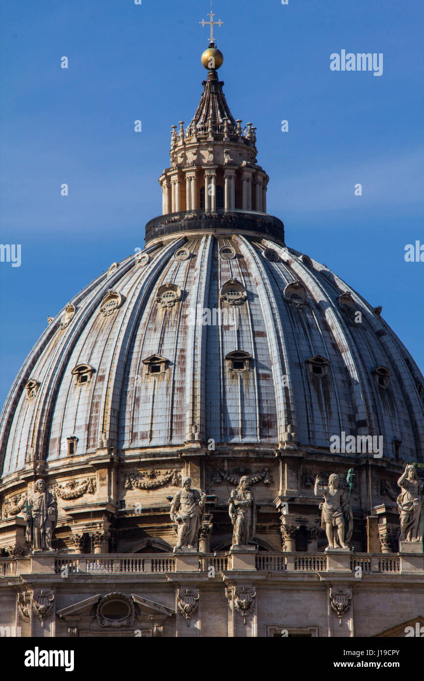 The dome of St. Peter's Basilica was designed by Michelangelo in the 1540s -- his greatest architectural achievement.  Vatican City, Rome, Italy. Stock Photo
