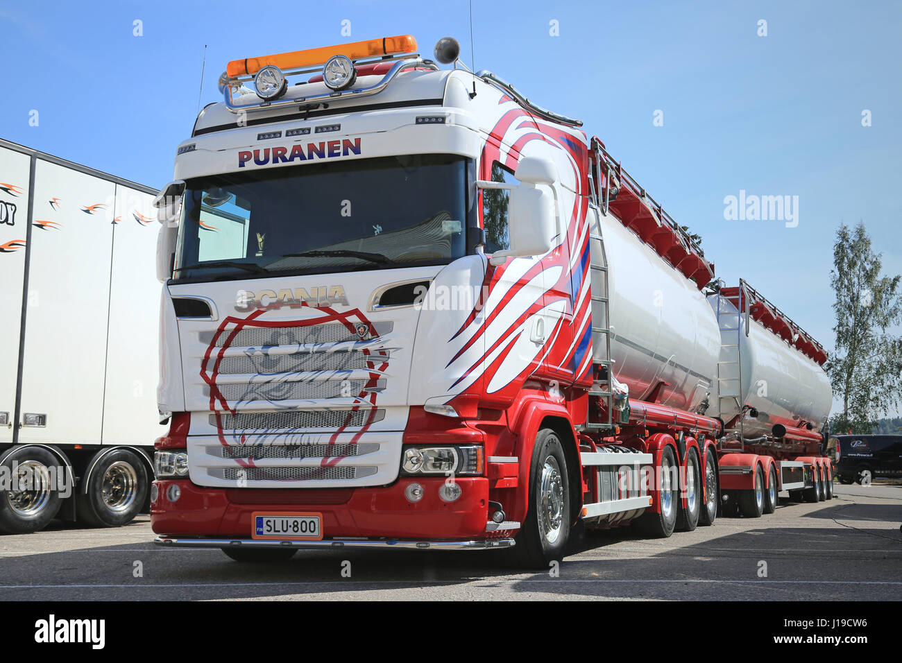PORVOO, FINLAND - JULY 2, 2016: Red and white Scania tank truck of SFK Kuljetus on the annual Riverside Truck Meeting 2016. Stock Photo