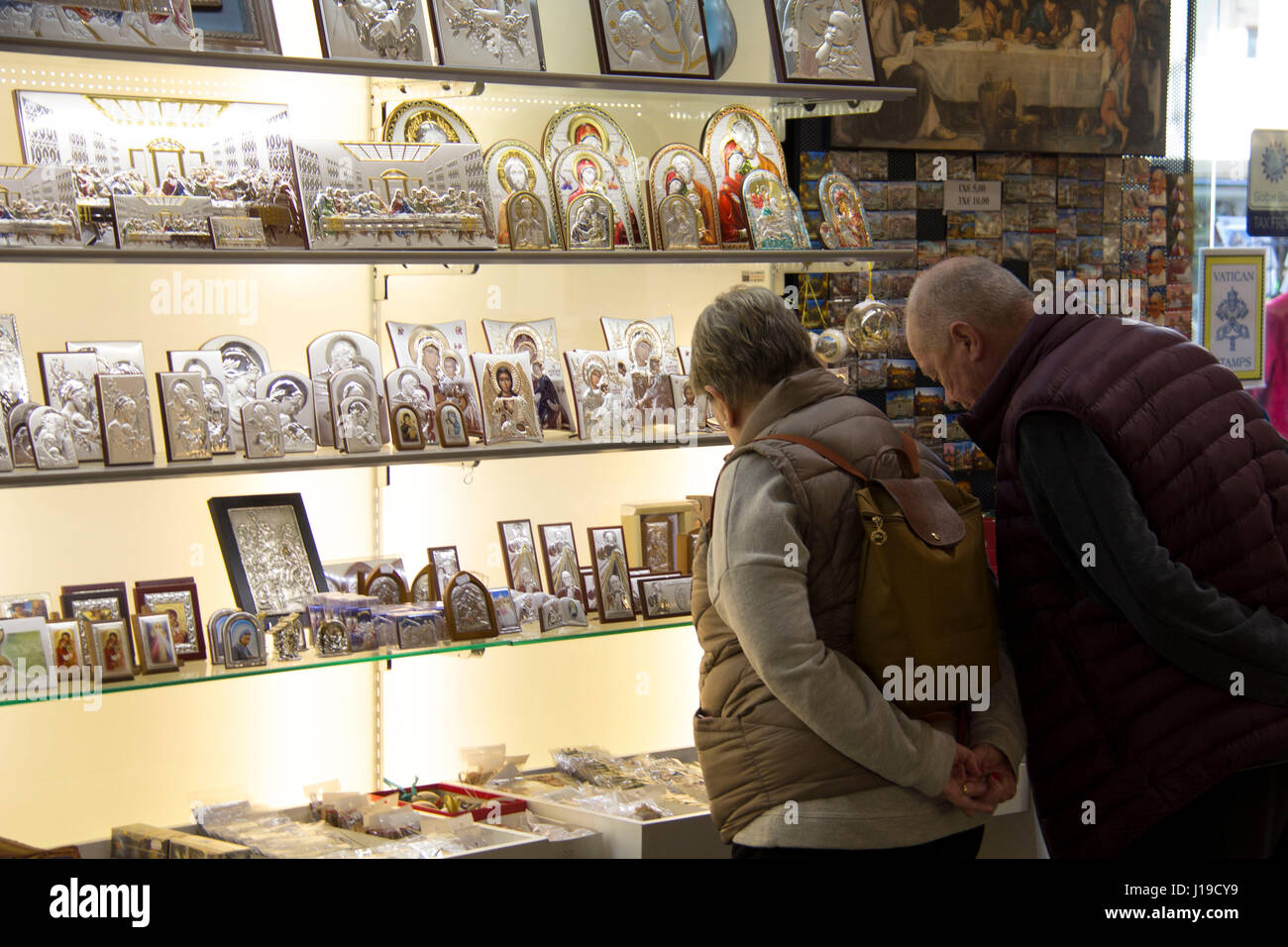 A religious souvenir shop off St. Peter's Square in Rome, Italy Stock