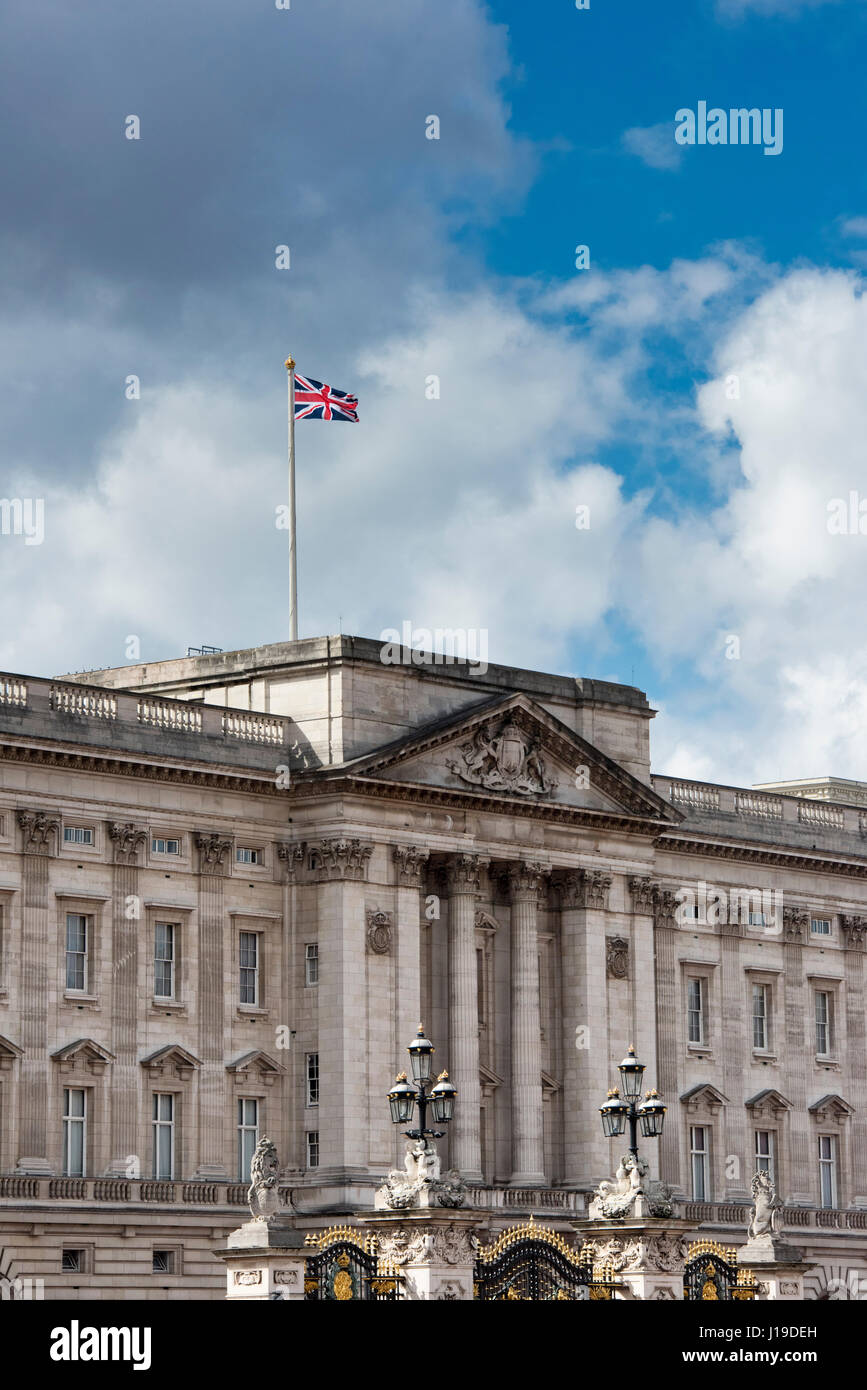 Union jack flag flying over Buckingham Palace. City of Westminster