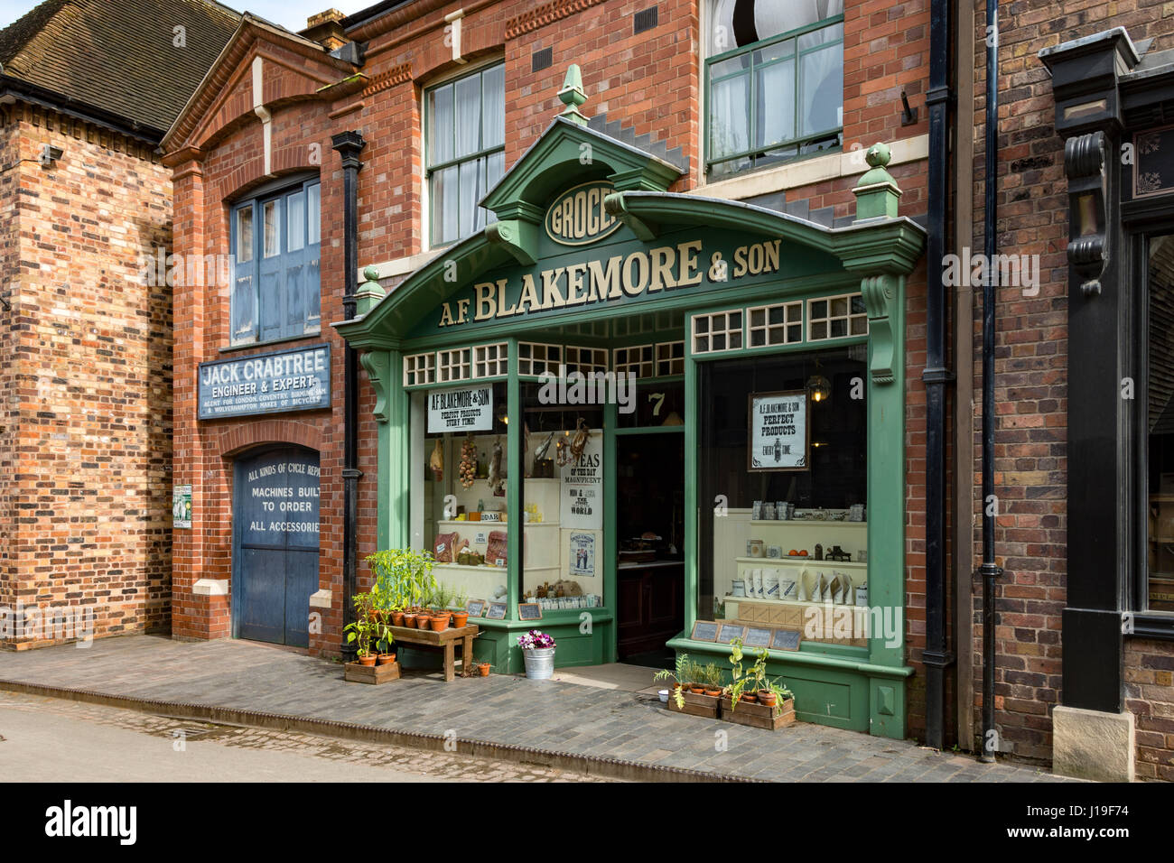 The Grocer's Shop and Cycle Showroom at the Blists Hill Victorian Town, near Madeley, Shropshire, England, UK. Stock Photo