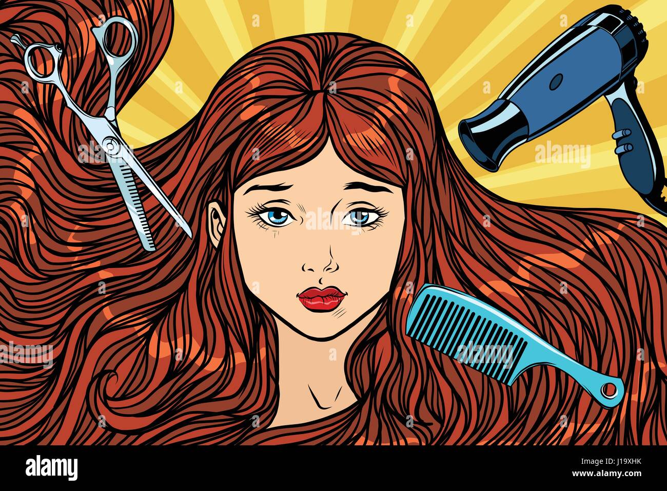 Barber concept. The girl with long hair. Pop art retro vector illustration. Scissor, Hairdryer and comb Stock Vector