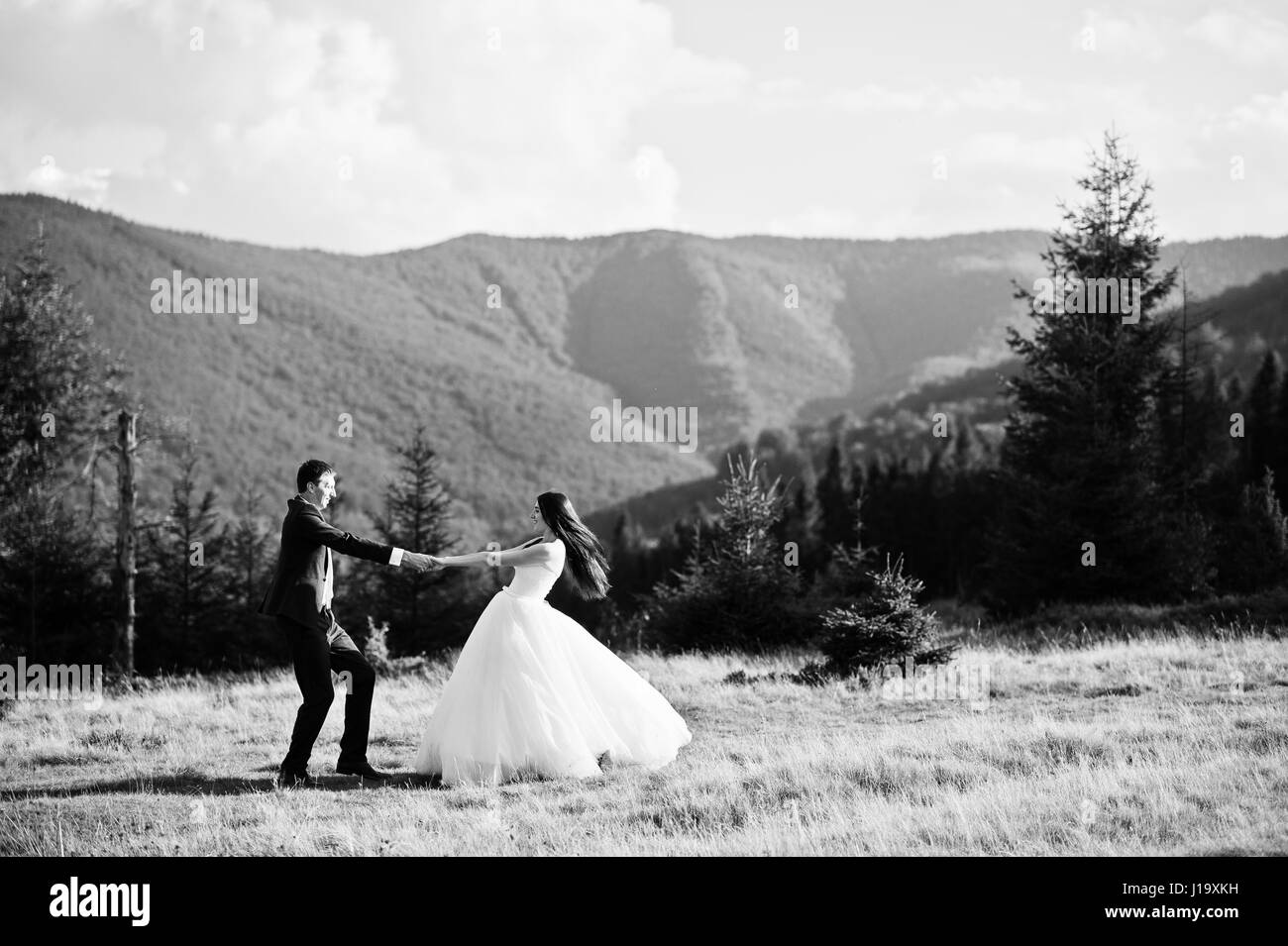 Lovely wedding couple at amazing landscapes of Carpathian mountains. Stock Photo