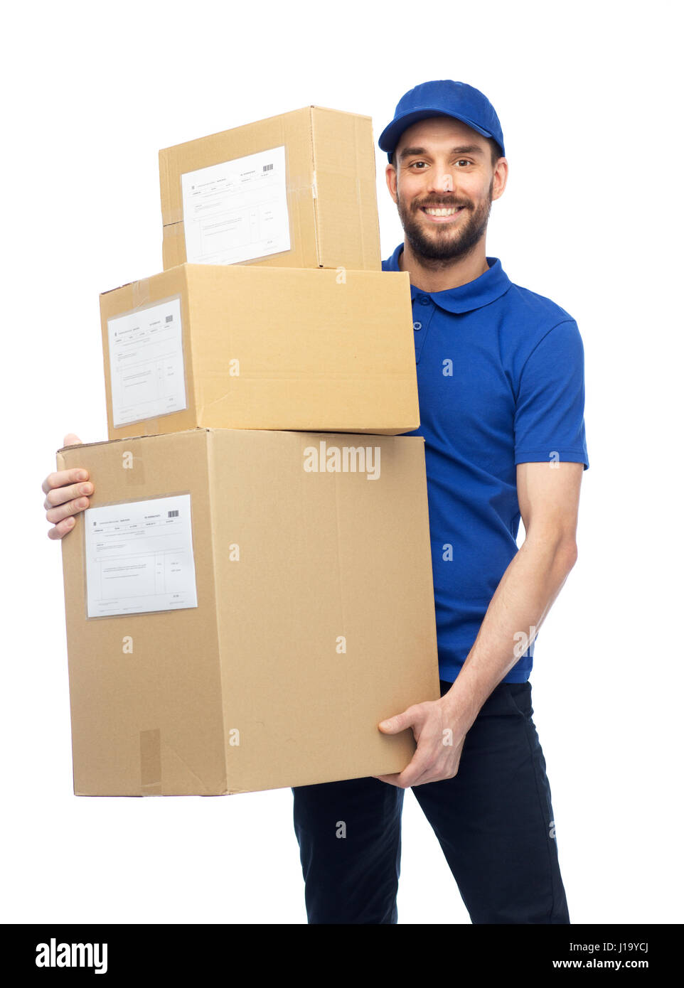 happy delivery man with parcel boxes Stock Photo - Alamy