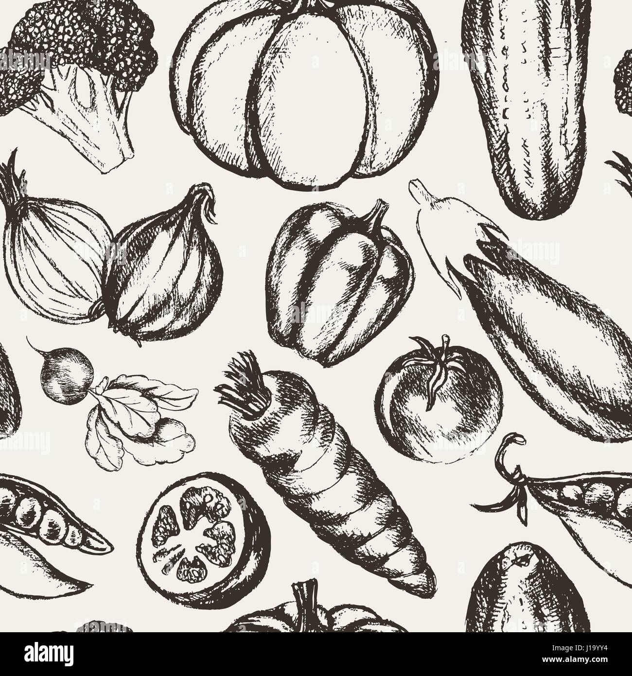 Vegetables black and white hand drawn seamless pattern Stock Vector