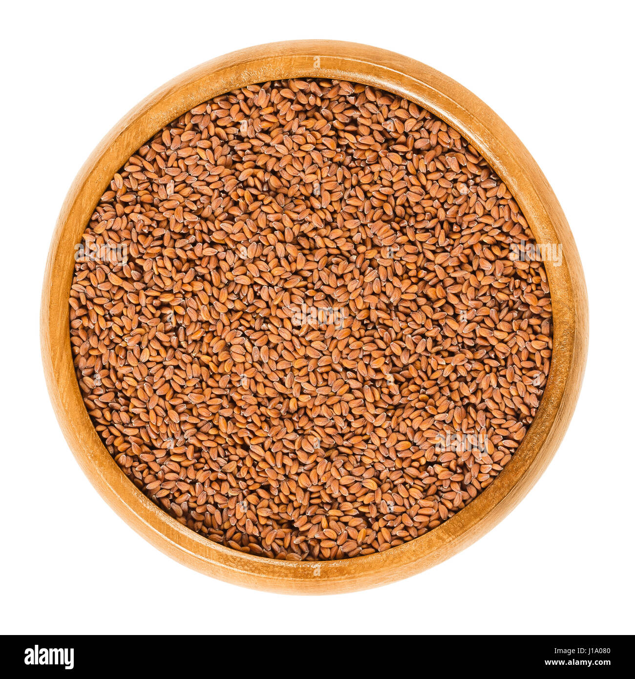 Garden cress seeds in wooden bowl. Lepidium sativum. Used for sprouting and germinating with water in a jar for consumption and as a herb. Stock Photo