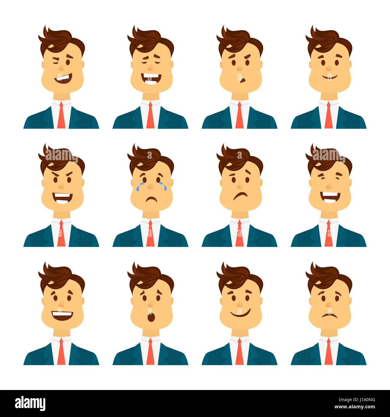 Set of male facial emotions. Bearded man emoji character with different expressions. Vector illustration in cartoon style Stock Vector