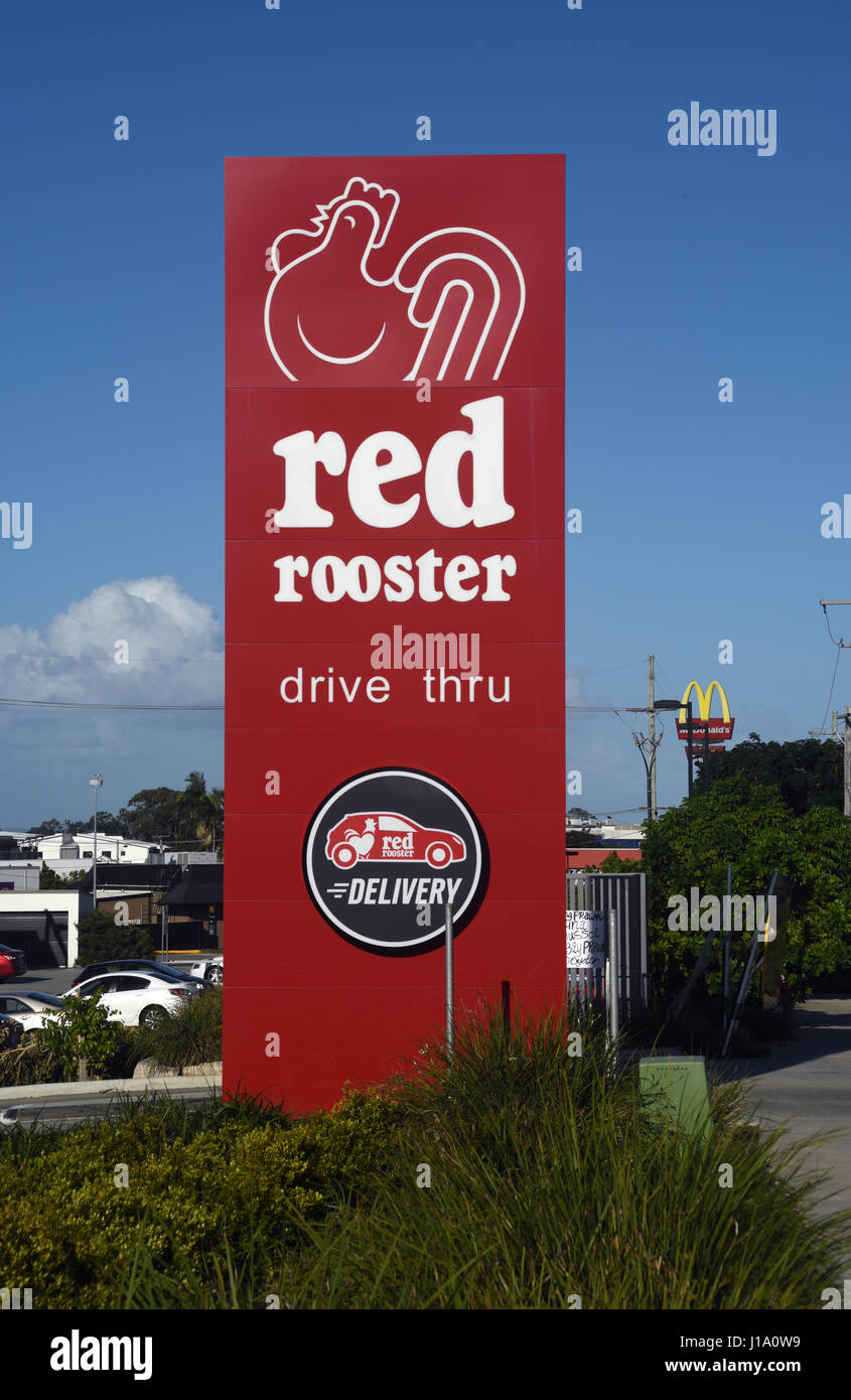 Redcliffe, Queensland, Roadside sign Rooster fast food chicken store Stock Photo -