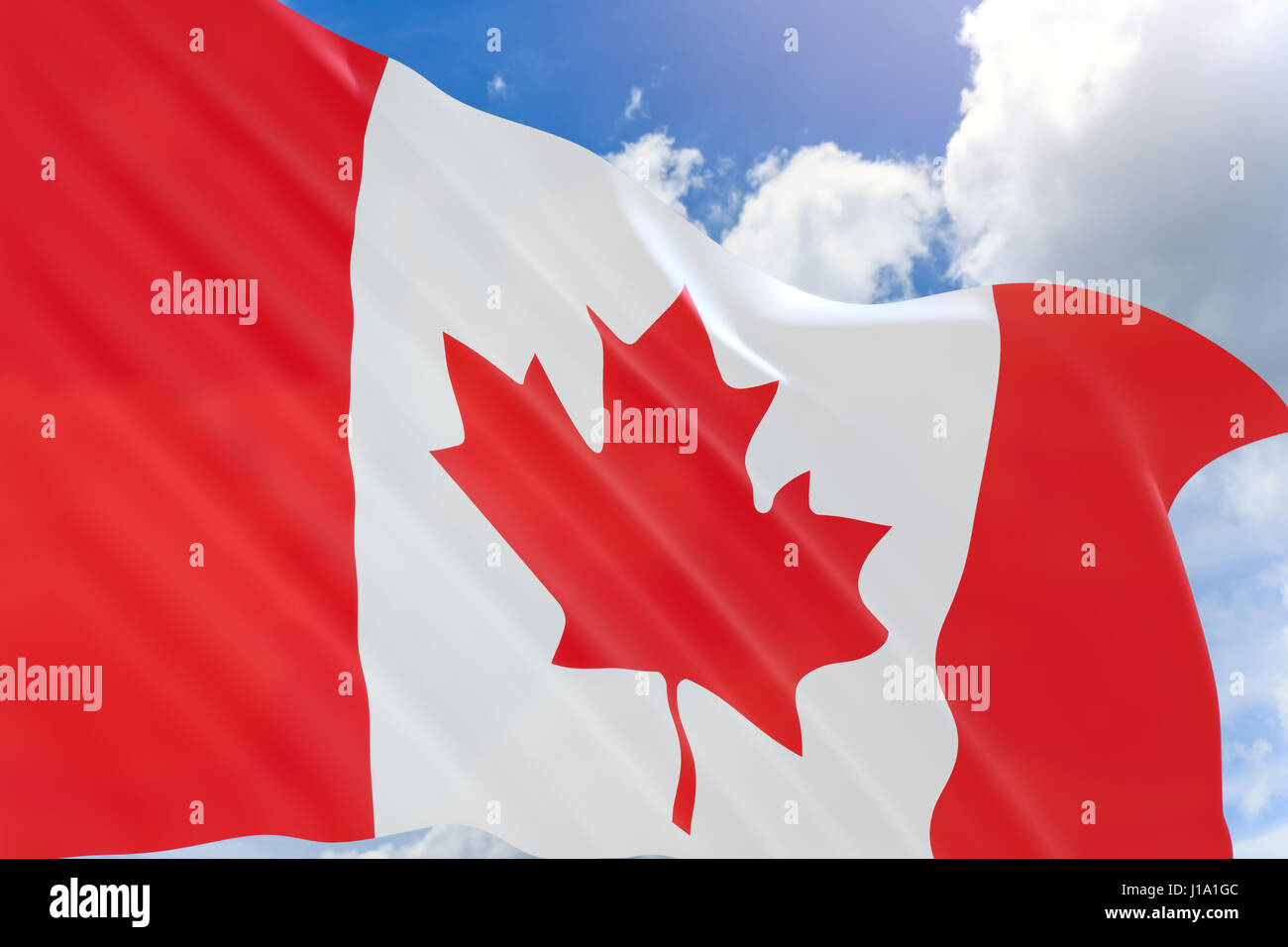 3D rendering of Canada flag waving on blue sky background, Canada Day is the national day of Canada 1 July every year Stock Photo
