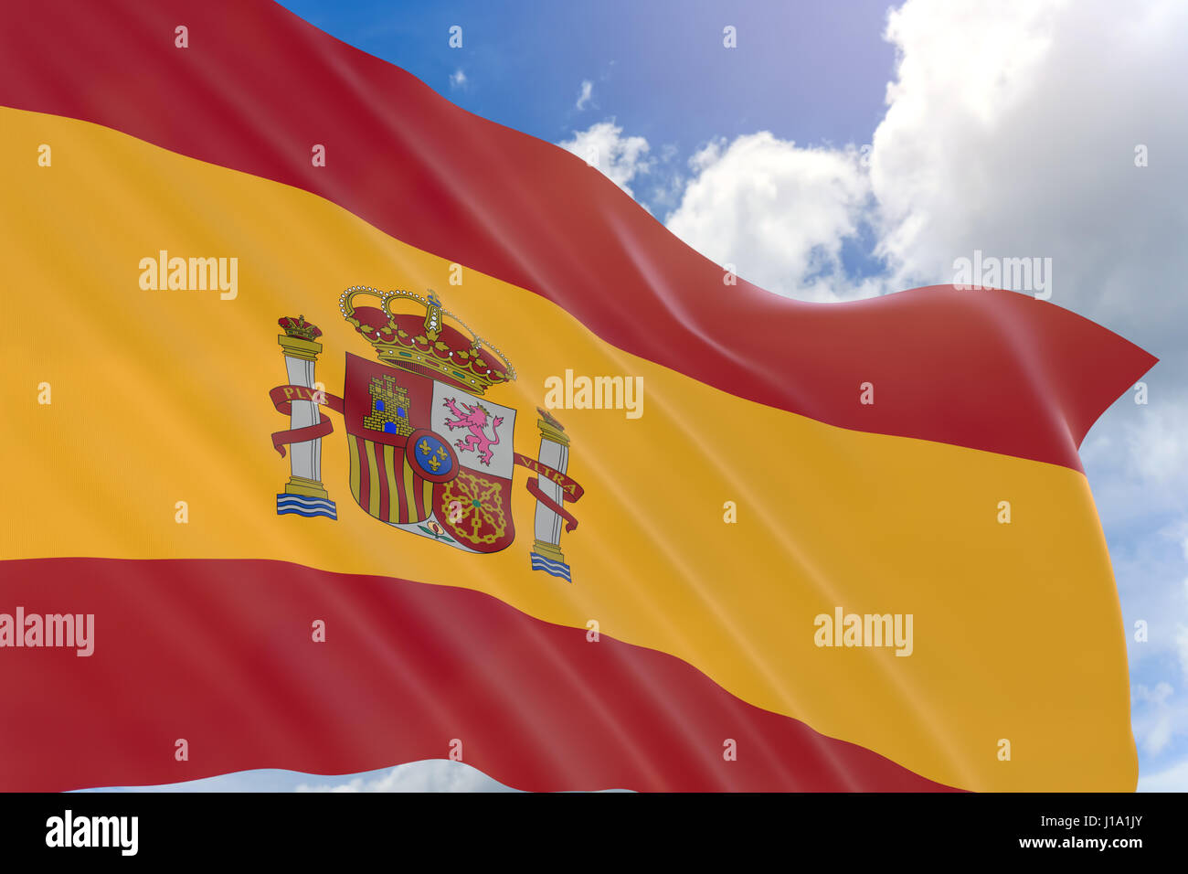 3D rendering of Spain flag waving on blue sky background, The Fiesta Nacional de Espana is the national day of Spain. It is held annually on October 1 Stock Photo