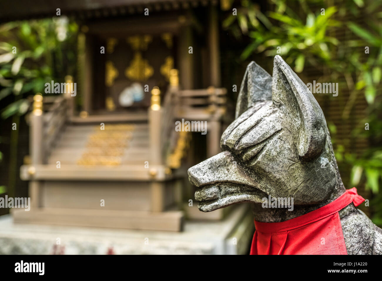 A fox guardian in front of a shrine in Tokyo Stock Photo