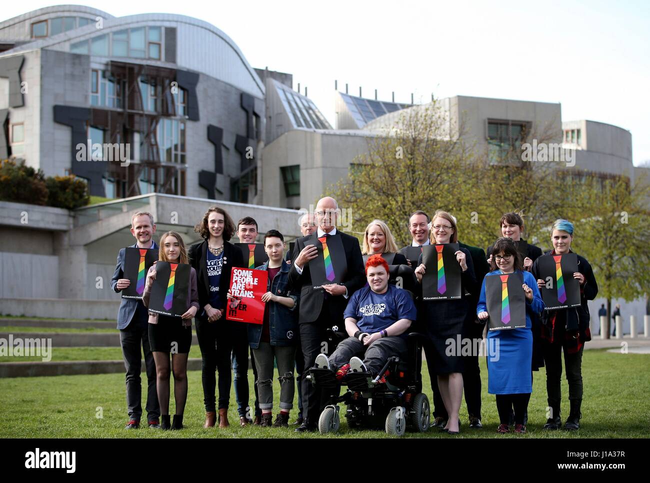 Deputy First Minister John Swinney (centre left) and Minister for Higher and Further Education Shirley-Anne Somerville (centre right) with representatives of the Time for Inclusive Education (TIE) campaign, LGBT Youth Scotland and Stonewall Scotland outside the Scottish Parliament, Edinburgh, ahead of a debate where LGBTI equality in schools is to be reviewed. Stock Photo