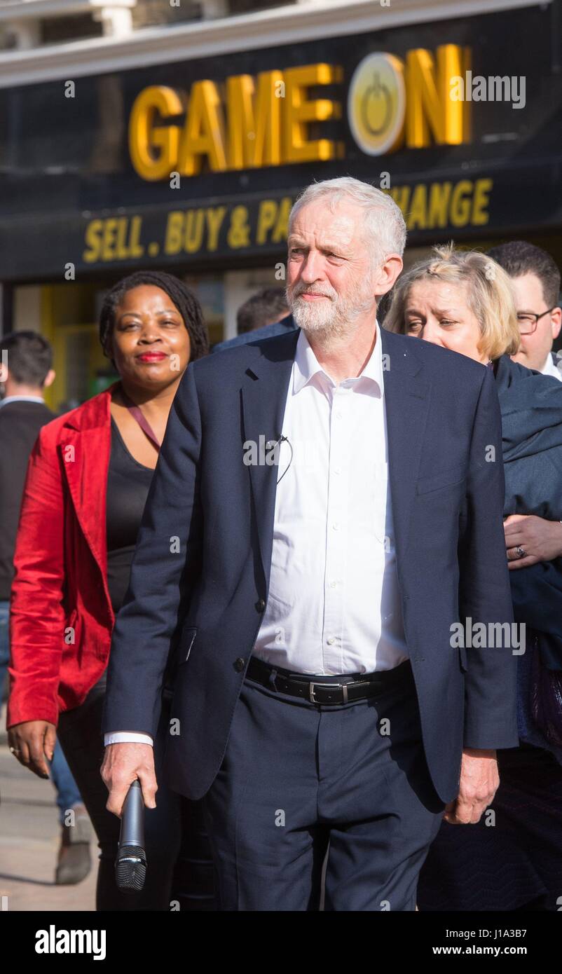 Labour leader Jeremy Corbyn arrives to deliver a stump speech to Labour activists at Barclays in Croydon. Stock Photo