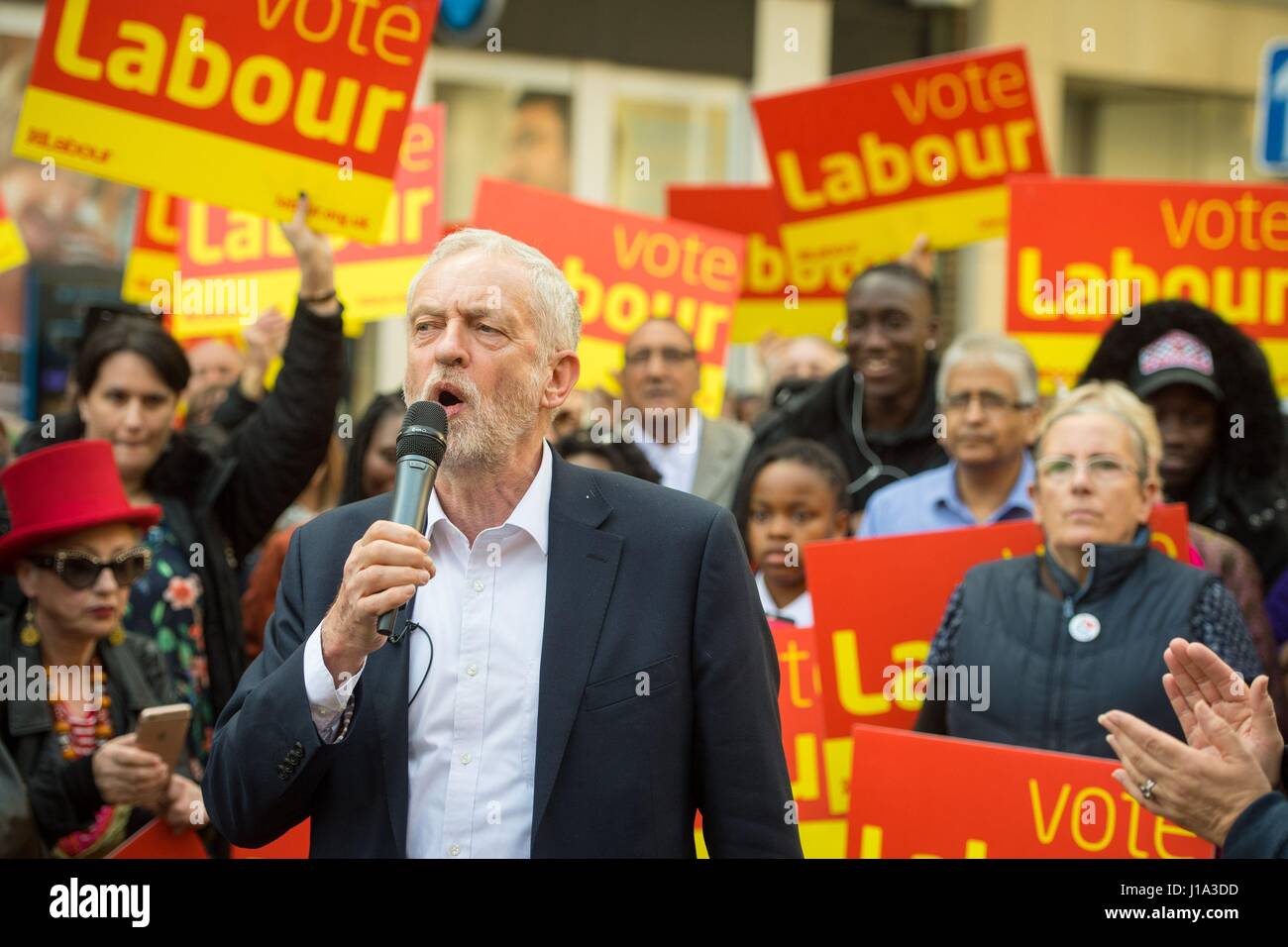 Labour leader Jeremy Corbyn delivers a stump speech to Labour activists at Barclays in Croydon. Stock Photo
