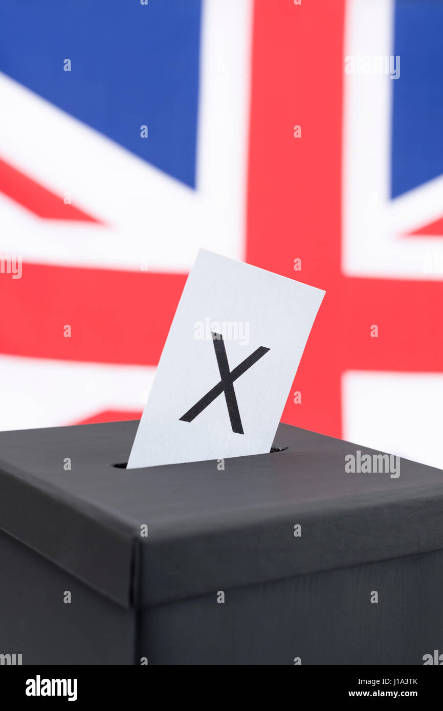 Replica black ballot box set against UK flag / Union Jack as metaphor