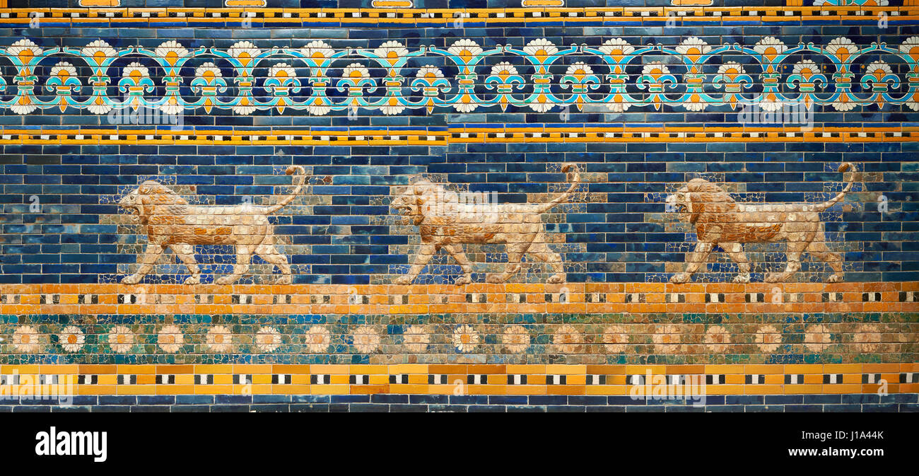 Coloured glazed brick panels depicting Lions stiding from the facade of the Throne Room dating from 604-562 BC. Babylon (present day Iraq). The throne Stock Photo