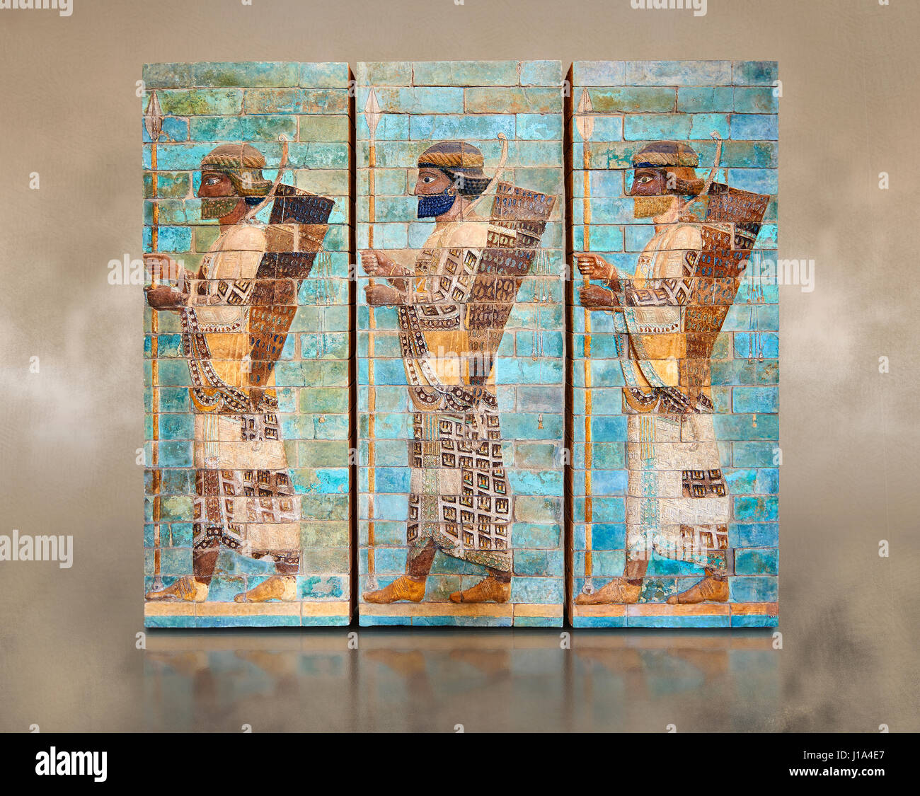 Coloured glazed terracotta brick panels depicting Achaemenid Persian royal bodyguards or archers, reign of Darius 1st ,  Inv Ab3312-21, The Louvre Stock Photo