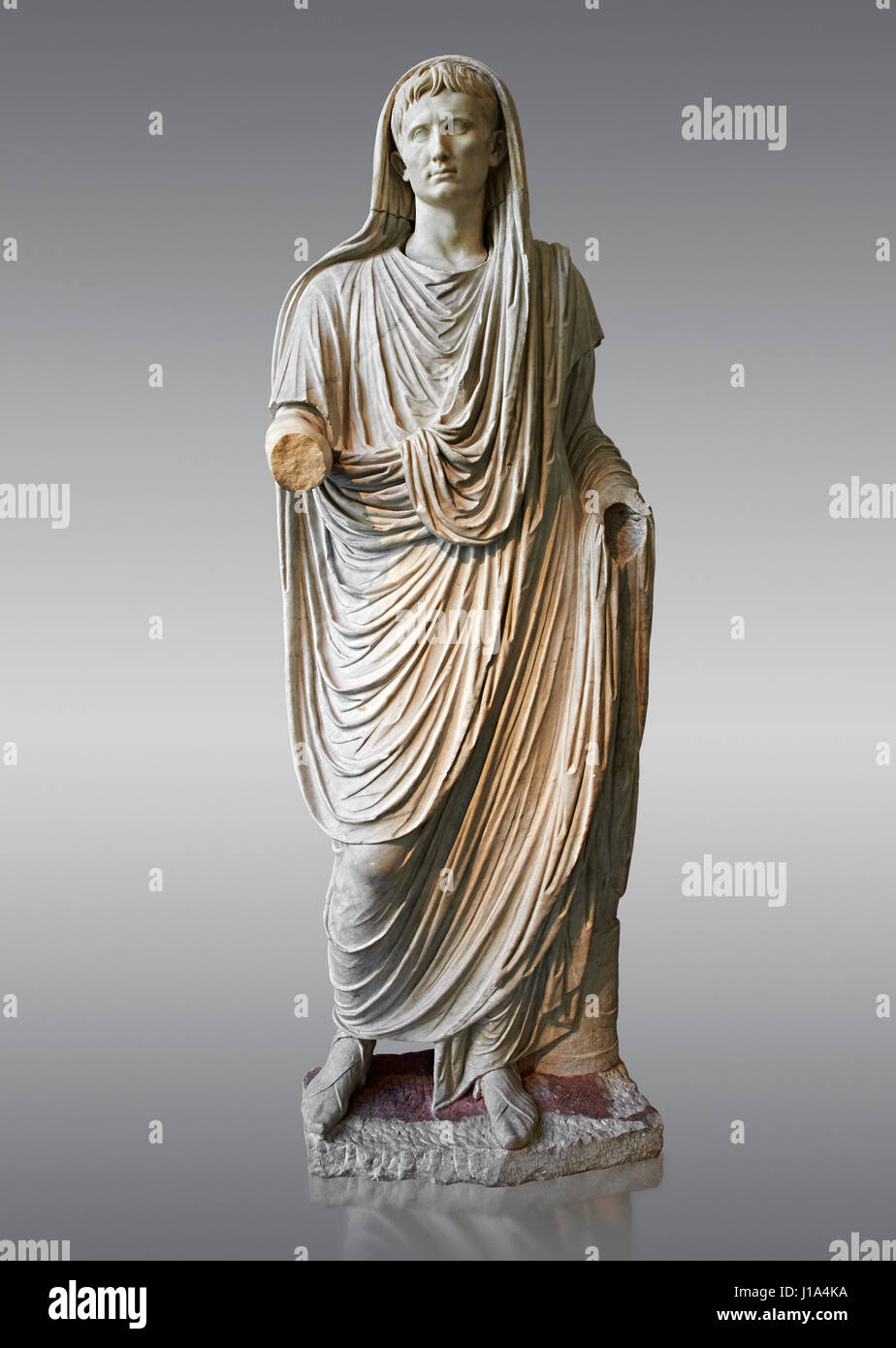 Roman statue of Augustus as Pontifex Maximus, circa 17-14 BC.  This statue of Augustus was typical of the approved style that Augustus used to control Stock Photo