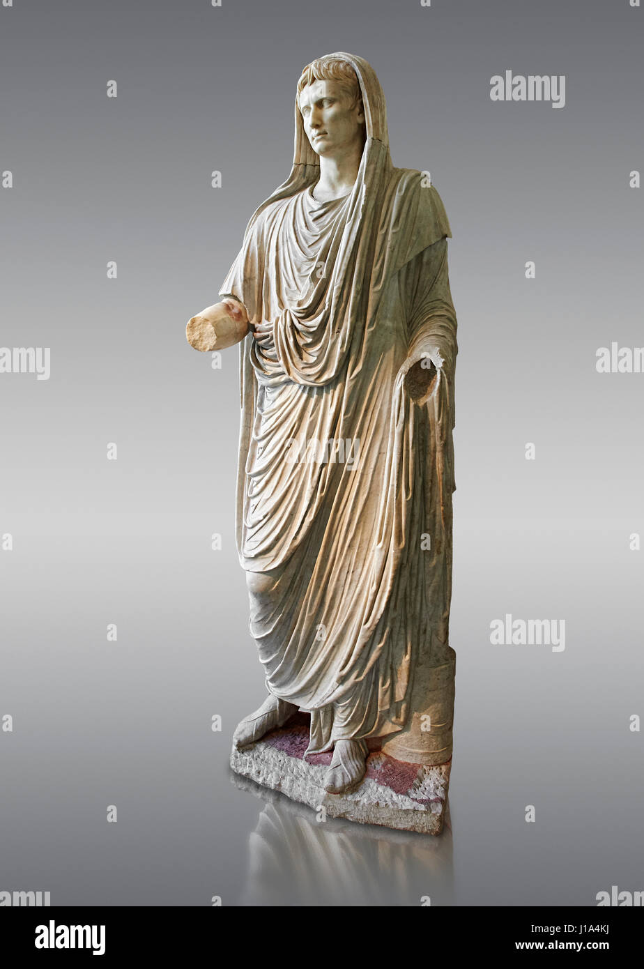 Roman statue of Augustus as Pontifex Maximus, circa 17-14 BC.  This statue of Augustus was typical of the approved style that Augustus used to control Stock Photo