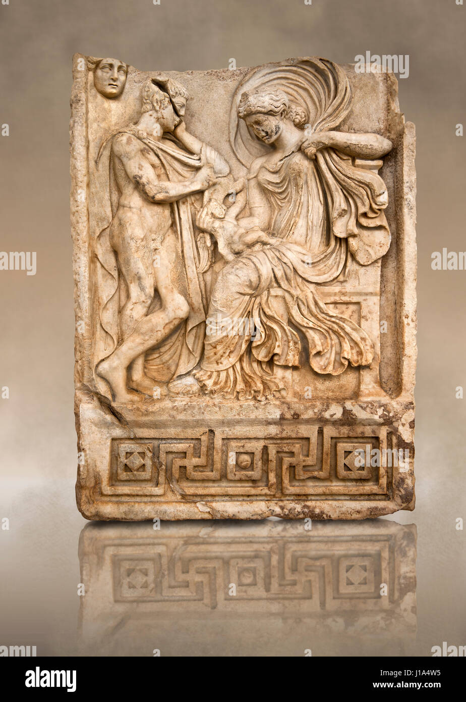 Roman temple releif freize sculpture of Aphrodite & Anchises, Aphrodisias Museum, Aphrodisias, Turkey The trojan shepherd Anchises gazes at a seated A Stock Photo