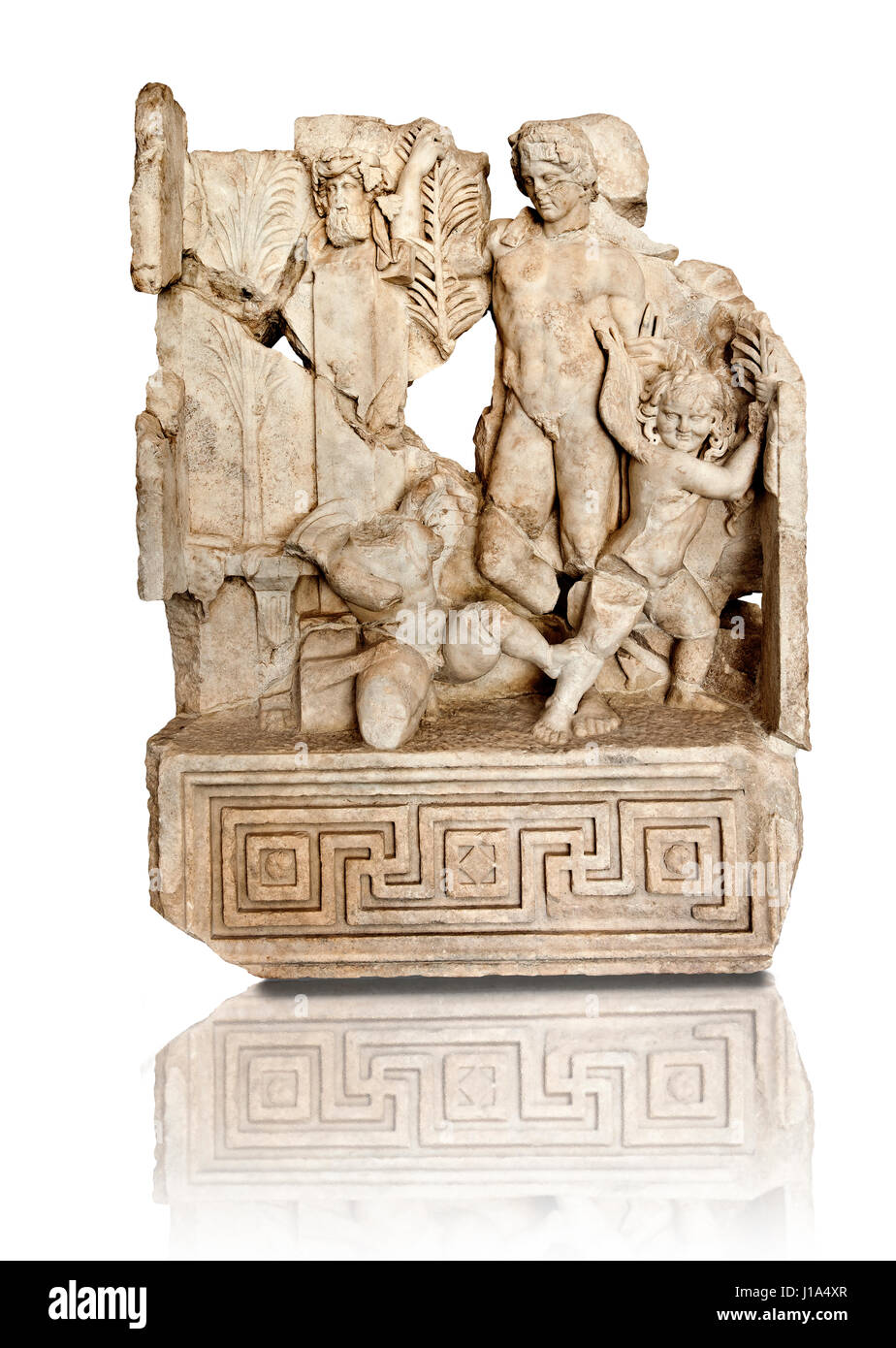 Roman temple freize releif sculpture, an allegory of an athletic contest [ Agon ]  , Aphrodisias Museum, Aphrodisias. The pillar with a bearded head o Stock Photo