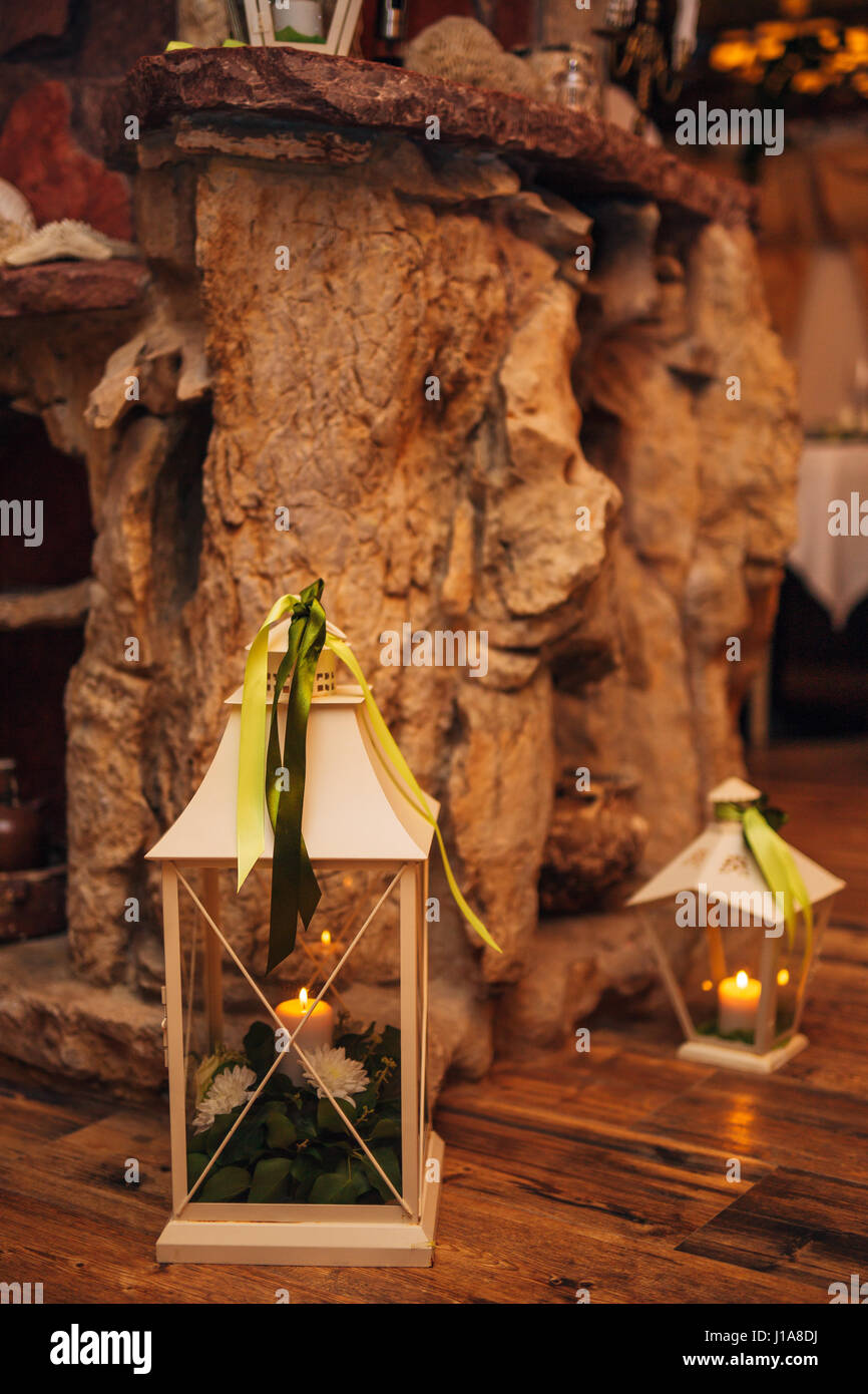 Wax candle in a white lantern Stock Photo Alamy