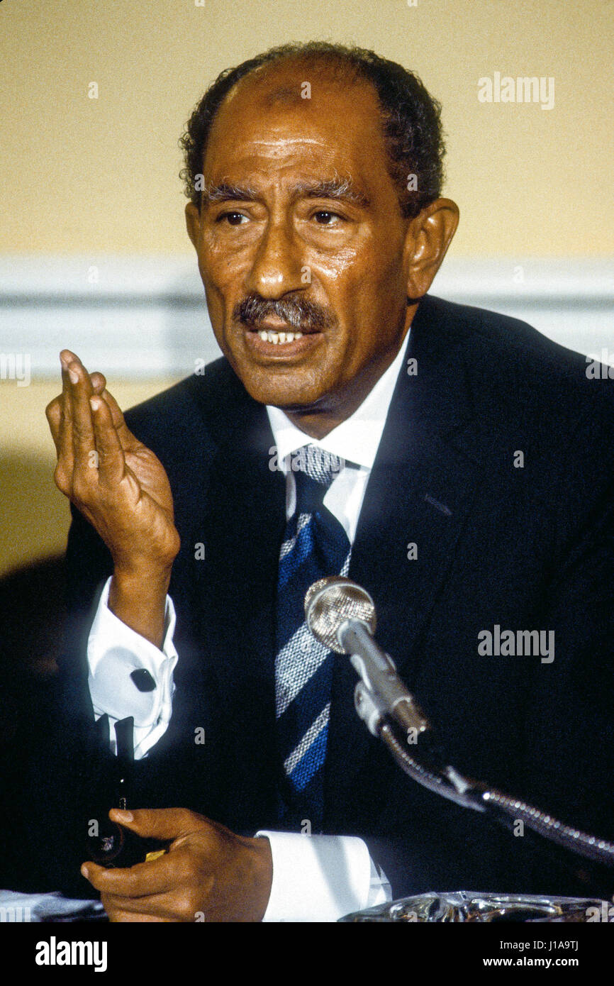 Anwar Sadat the President of Egypt conducts a press conference in the