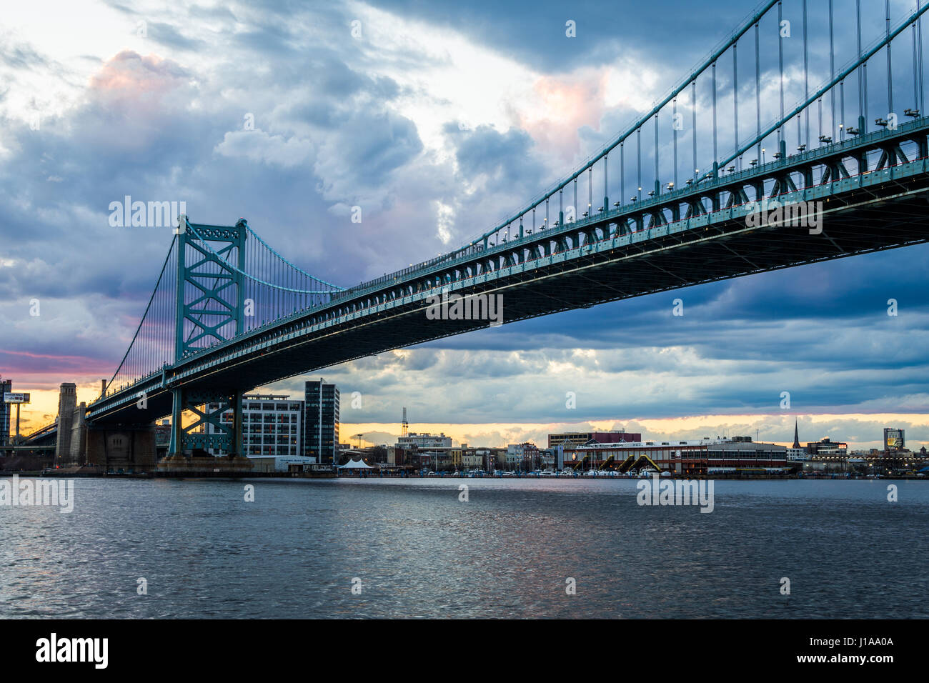sunset skyline of philadelphia pennsylvania from camden new jersey with benjamin franklin bridge